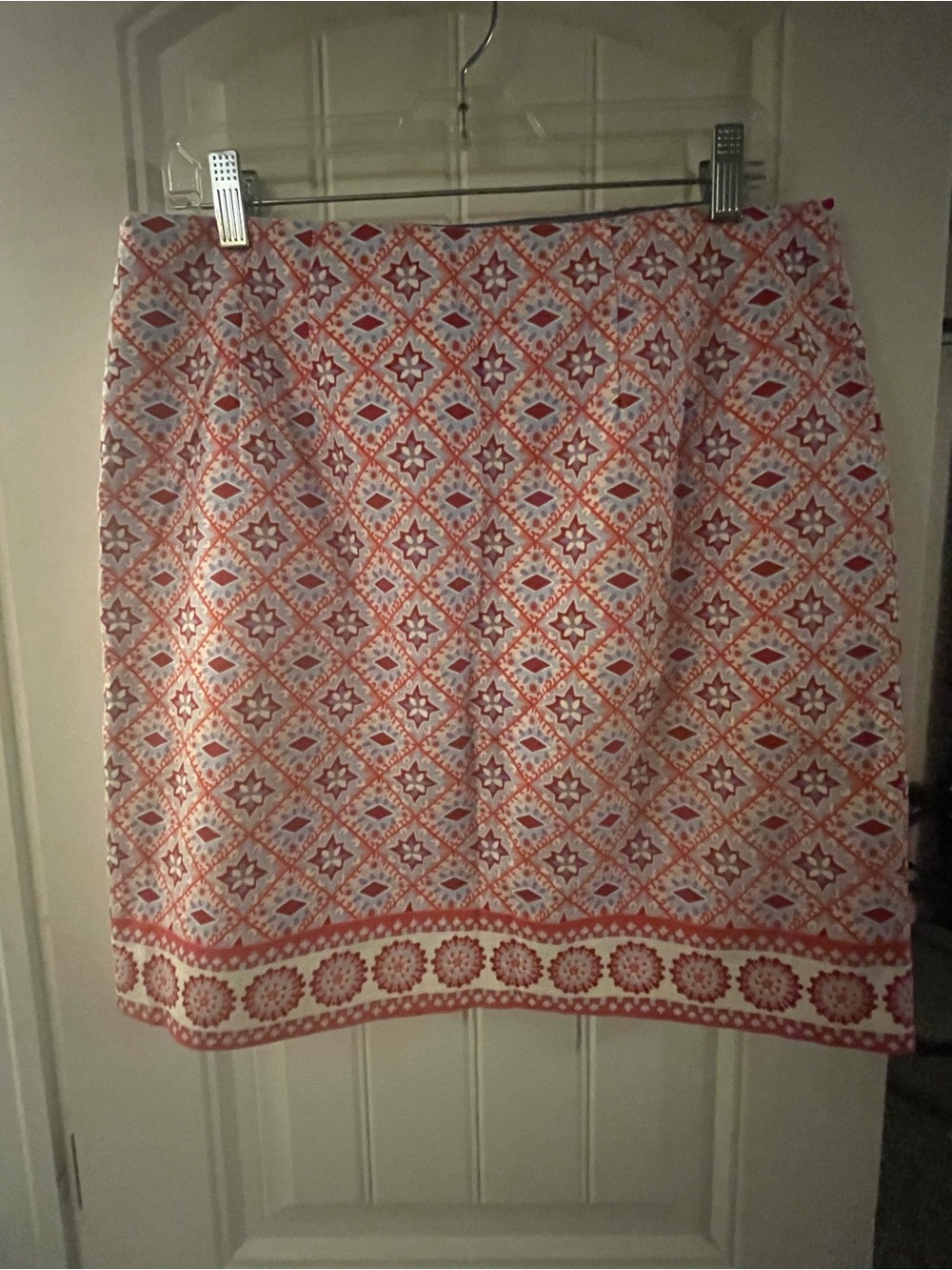Talbots Preppy Coral, White & Blue Mini Skirt, Geometric Print, size 10